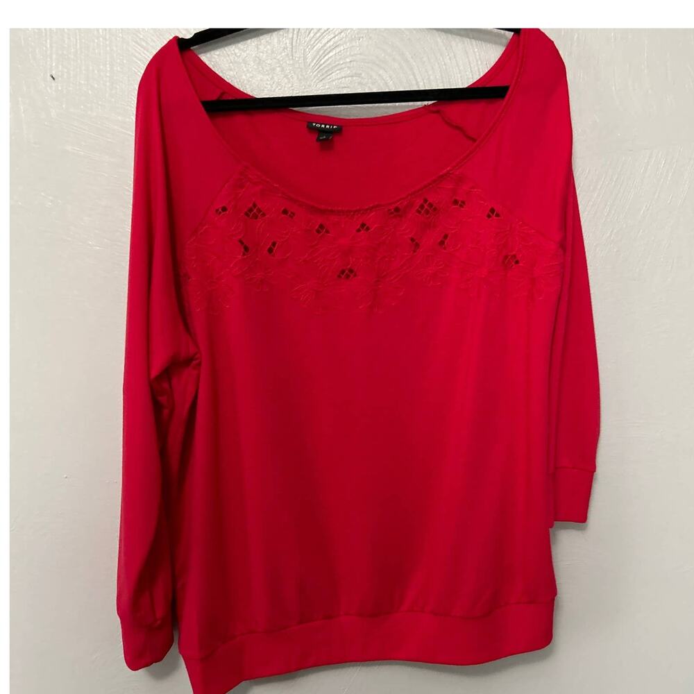 Torrid Plus Red French Terry Knit Off Shoulder Embroidered Sweatshirt Size 1X